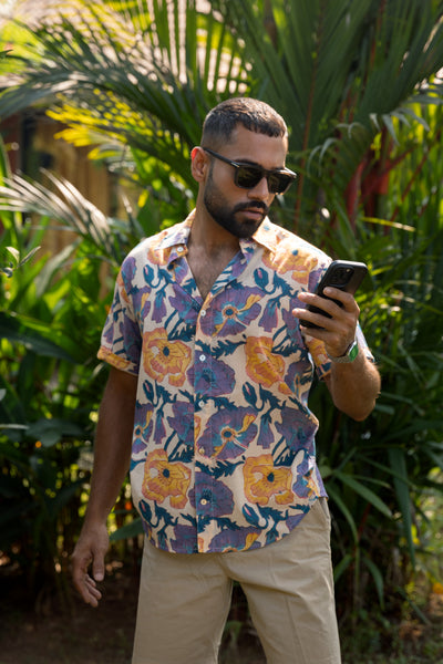 Purple Yellow Floral Shirt - Short Sleeve