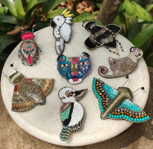 Hand Embroidered Butterfly Sequin Brooch - Turquoise