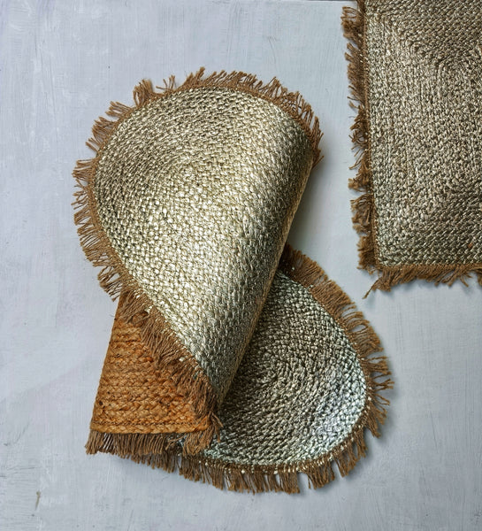 Jute Golden Rectangular Fringe Placemat - Set of 2