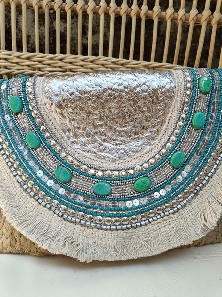 Turquoise Beaded Jute Bag