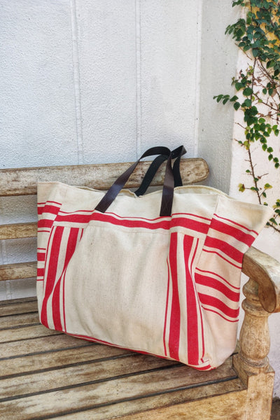 White and Red Striped Beach Tote