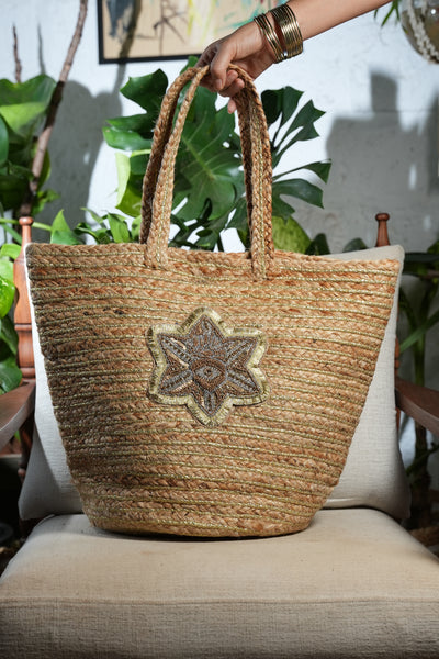 Beaded Star Jute Tote