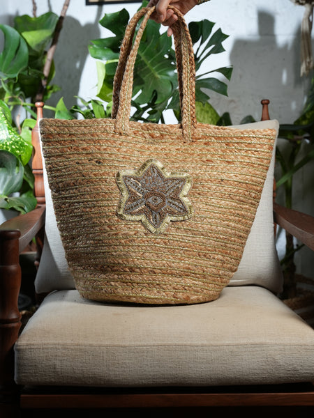 Beaded Star Jute Tote