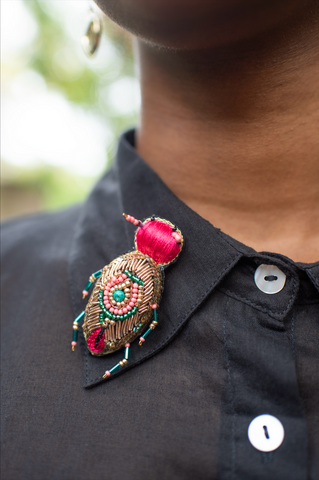 Hand Embroidered Beetle Brooch - Pink