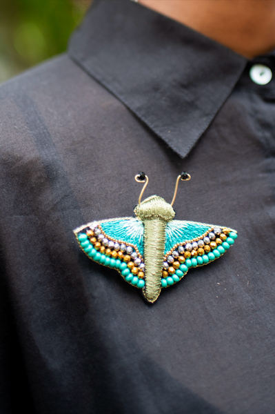 Hand Embroidered Butterfly Sequin Brooch - Turquoise