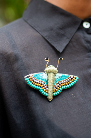 Hand Embroidered Butterfly Sequin Brooch - Turquoise