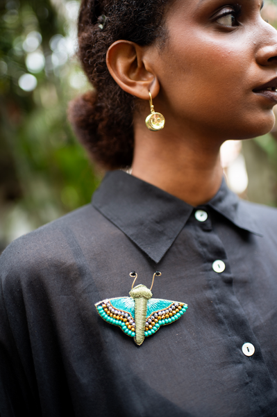 Hand Embroidered Butterfly Sequin Brooch - Turquoise