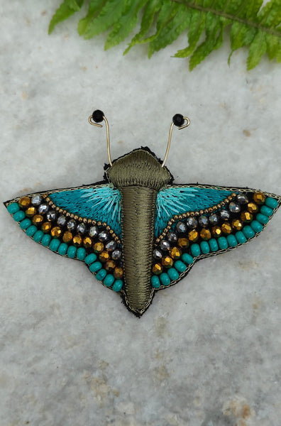 Hand Embroidered Butterfly Sequin Brooch - Turquoise