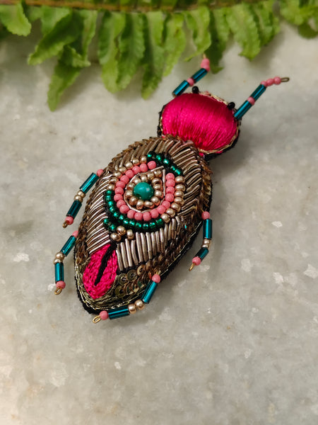 Hand Embroidered Beetle Brooch - Pink