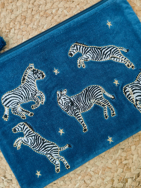 Blue Zebra Velvet Pouch