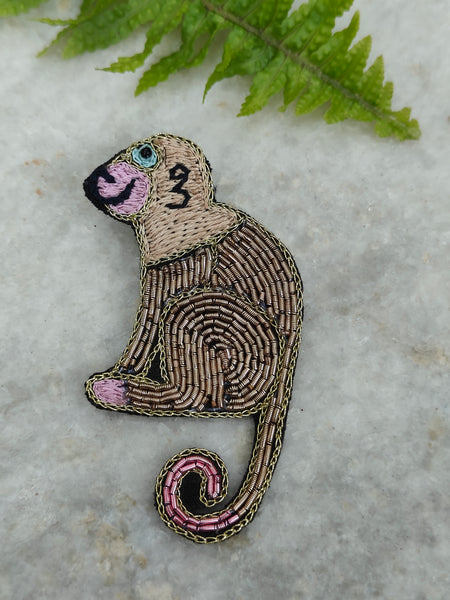 Hand Embroidered Monkey Brooch