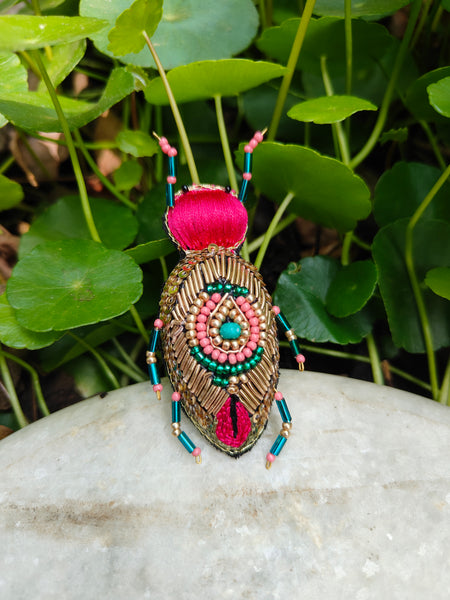 Hand Embroidered Beetle Brooch - Pink