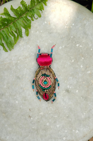 Hand Embroidered Beetle Brooch - Pink