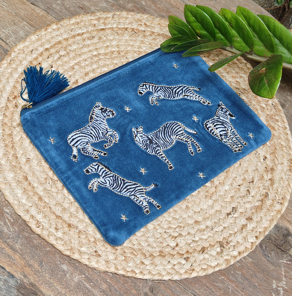 Blue Zebra Velvet Pouch