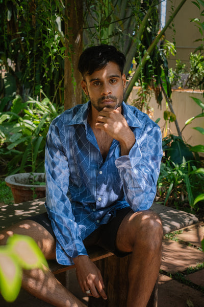 Needle Shibori Shirt - Blue Long Sleeve