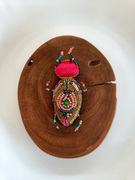Hand Embroidered Beetle Brooch - Pink
