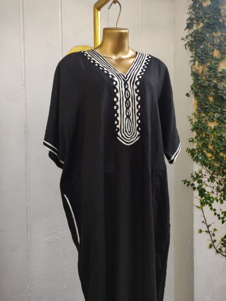 Black Linen Tape Kaftan