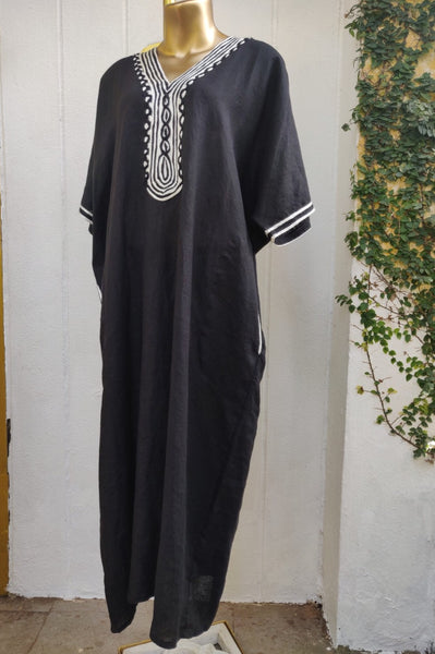 Black Linen Tape Kaftan