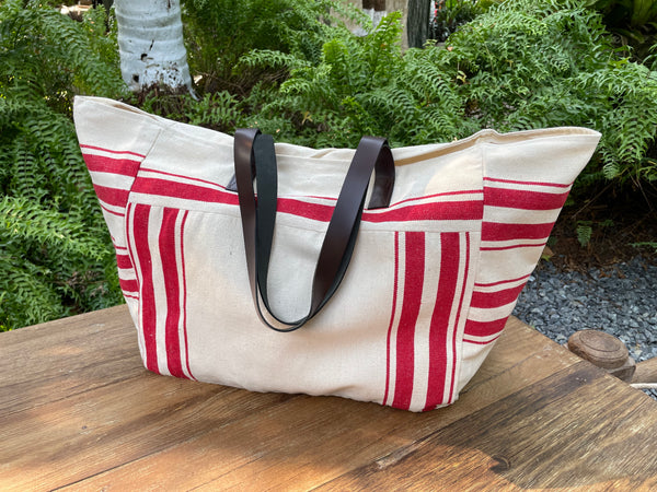 White and Red Striped Beach Tote
